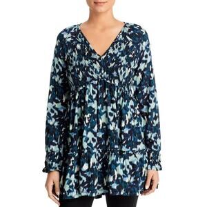 BeachLunchLounge Talia Blue Smocked Tunic Blouse - Size Small - Long Sleeves